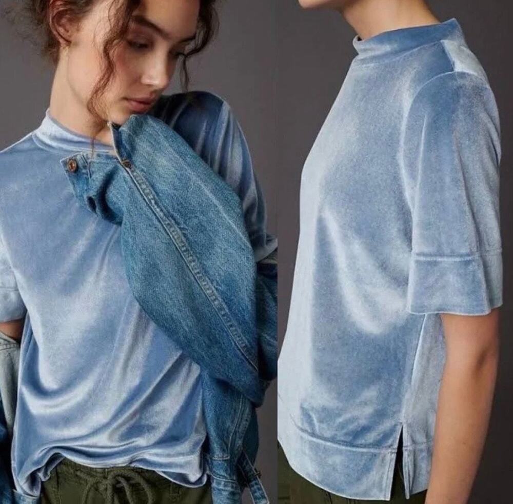 Anthropologie Krisha Blue Velvet Mock Neck Top Short Sleeve Size M